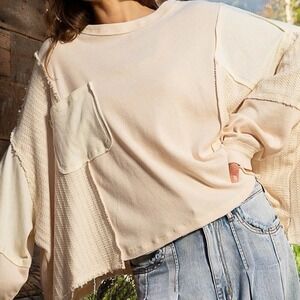 POL Oversized Cream Thermal Top Detail Stitch Patchwork Dolman Boho Pocket Raw L